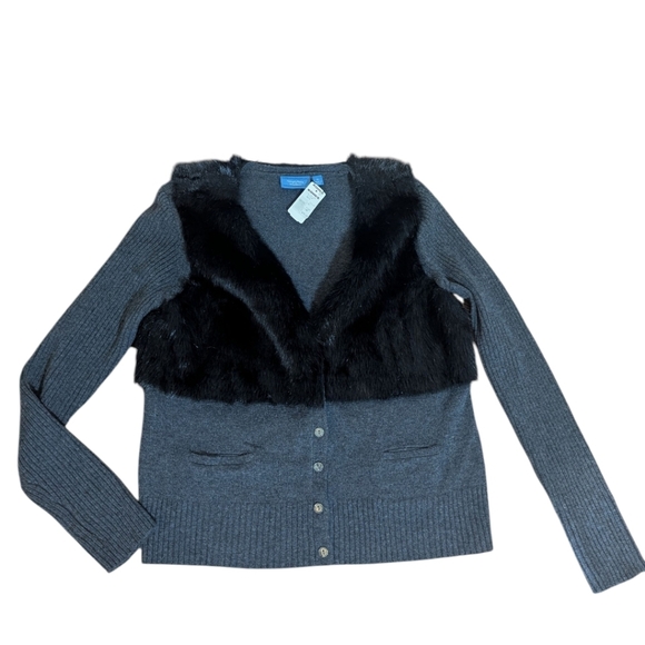 New Faux Fur Cardigan Vera Wang Black/Gray Button Wool Blend  Size XL - Picture 1 of 10